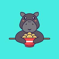 Cute hippopotamus eating ramen noodles. Animal cartoon concept. vector