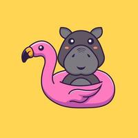 lindo hipopótamo con boya flamingo. concepto de dibujos animados de animales. vector