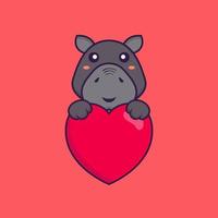 lindo hipopótamo sosteniendo un gran corazón rojo. concepto de dibujos animados de animales. vector