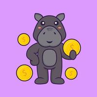 Cute hippopotamus holding coin. Animal cartoon concept. vector