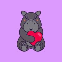 Cute hippopotamus holding a big red heart. Animal cartoon concept. vector