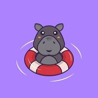 Cute hippopotamus is Swimming with a buoy. Animal cartoon concept. vector