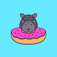 Cute hippopotamus with a donut on his neck. Animal cartoon concept. vector