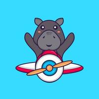 lindo hipopótamo volando en un avión. concepto de dibujos animados de animales. vector