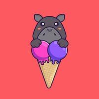 lindo hipopótamo con helado dulce. concepto de dibujos animados de animales. vector