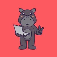 Cute hippopotamus holding laptop. Animal cartoon concept. vector