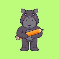 Cute hippopotamus holding a pencil. Animal cartoon concept. vector