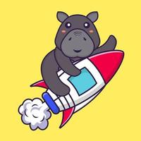 lindo hipopótamo volando en cohete. concepto de dibujos animados de animales. vector