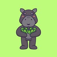 lindo hipopótamo sosteniendo dinero. concepto de dibujos animados de animales. vector