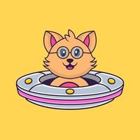 Cute cat Driving Spaceship Ufo. vector