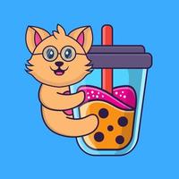 Cute cat Drinking Boba milk tea. vector