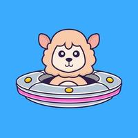 Cute sheep Driving Spaceship Ufo. vector