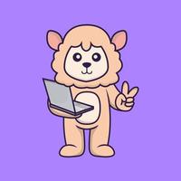 Cute sheep holding laptop. vector