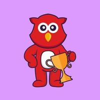 Cute bird holding gold trophy. vector