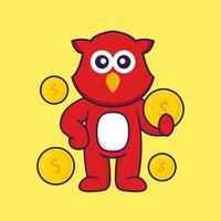 Cute bird holding coin. vector