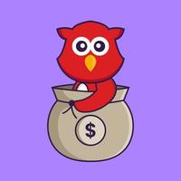 Cute bird in a money bag. vector