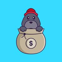 Cute dog playing in money bag. vector