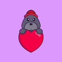 Cute dog holding a big red heart. vector