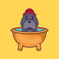 Cute dog taking a bath in the bathtub. vector