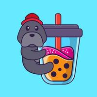 Cute dog Drinking Boba milk tea. vector