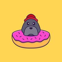 Cute dog with a donut on his neck. vector