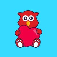 Cute bird holding a big red heart. vector