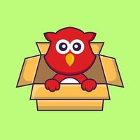 lindo pájaro jugando en caja. vector