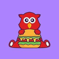 Cute bird eating burger. vector