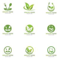 Set of Healthy Food Logo Fork With Green Leaves Decoration Vector Icon