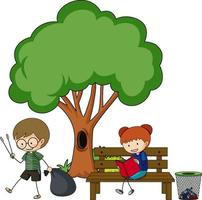 dos niños haciendo diferentes actividades con un gran árbol aislado vector