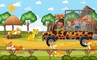 Safari scene with kids on tourist car watching leopard group vector