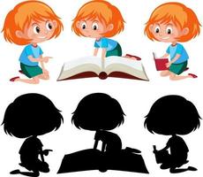 Cartoon character of a girl doing different activities with silhouette vector