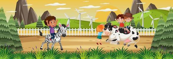 Panorama landscape scene with many kids and animals in the farm vector