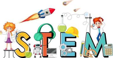 STEM logo with kids cartoon character and education icon elements vector