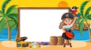 Empty banner template with pirate kids at the beach sunset scene vector