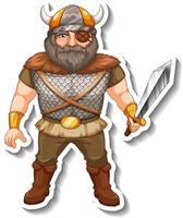 Sticker template with Viking warrior cartoon character isolated vector