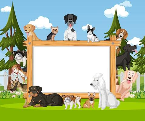 Empty wooden frame with various breeds of dogs in the park