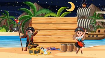 Niños piratas en la escena nocturna de la playa con una pancarta de madera vacía vector