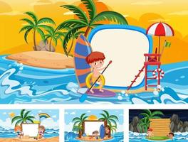 Set of different tropical beach scenes with blank banner vector