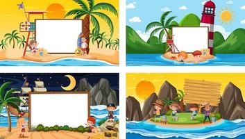 Set of different tropical beach scenes with blank banner vector