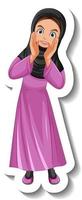 Pegatina de personaje de dibujos animados de mujer musulmana sobre fondo blanco. vector