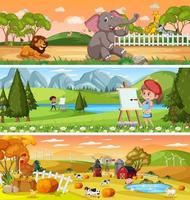 Different panoramic nature landscape set with cartoon character vector