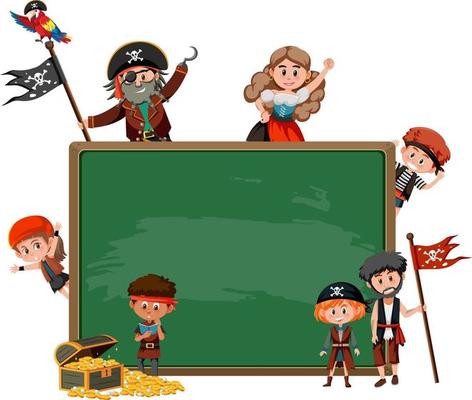 Empty blackboard with many pirate kids cartoon character