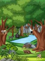 Nature scene with stream flowing through the forest with wild animals vector