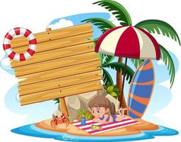 Banner vacío con carácter infantil en vacaciones de verano en la playa. vector