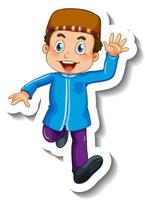 Sticker template with a muslim boy cartoon character isolated vector