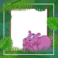 Empty banner with tropical leaves frame and hippopotamus character vector