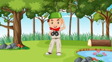 Nature scene with a muslim boy character exploring in the forest vector