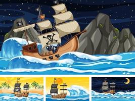 Conjunto de océano con barco pirata en escenas de diferentes momentos. vector