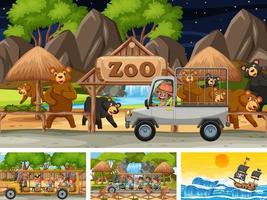 Set of scenes with pirate ship at the sea and animals in the zoo vector